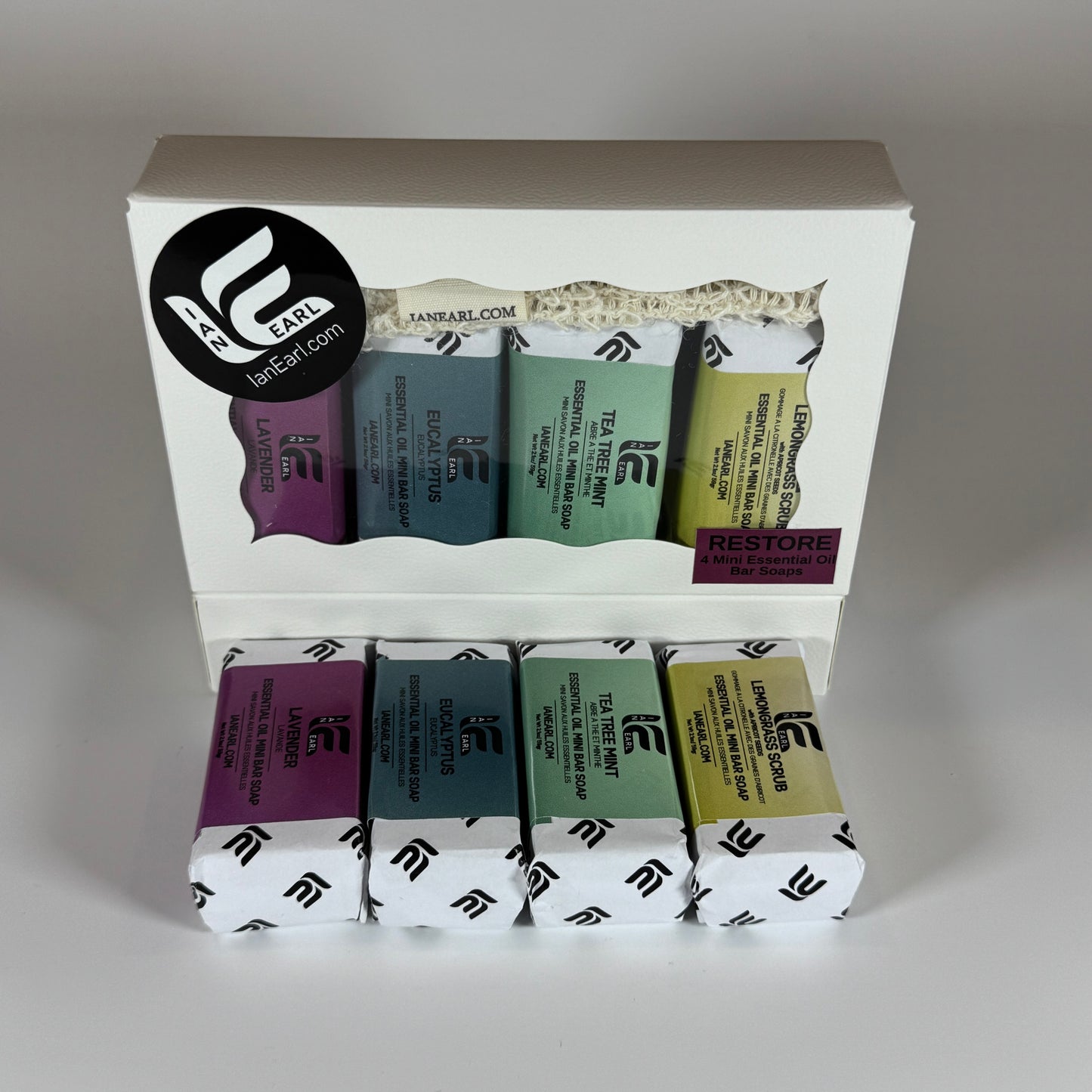 Gift Box - 4 Mini Bar Soaps - RESTORE Collection with Soap Saver Bag - Prismatic Ash Soap Co.