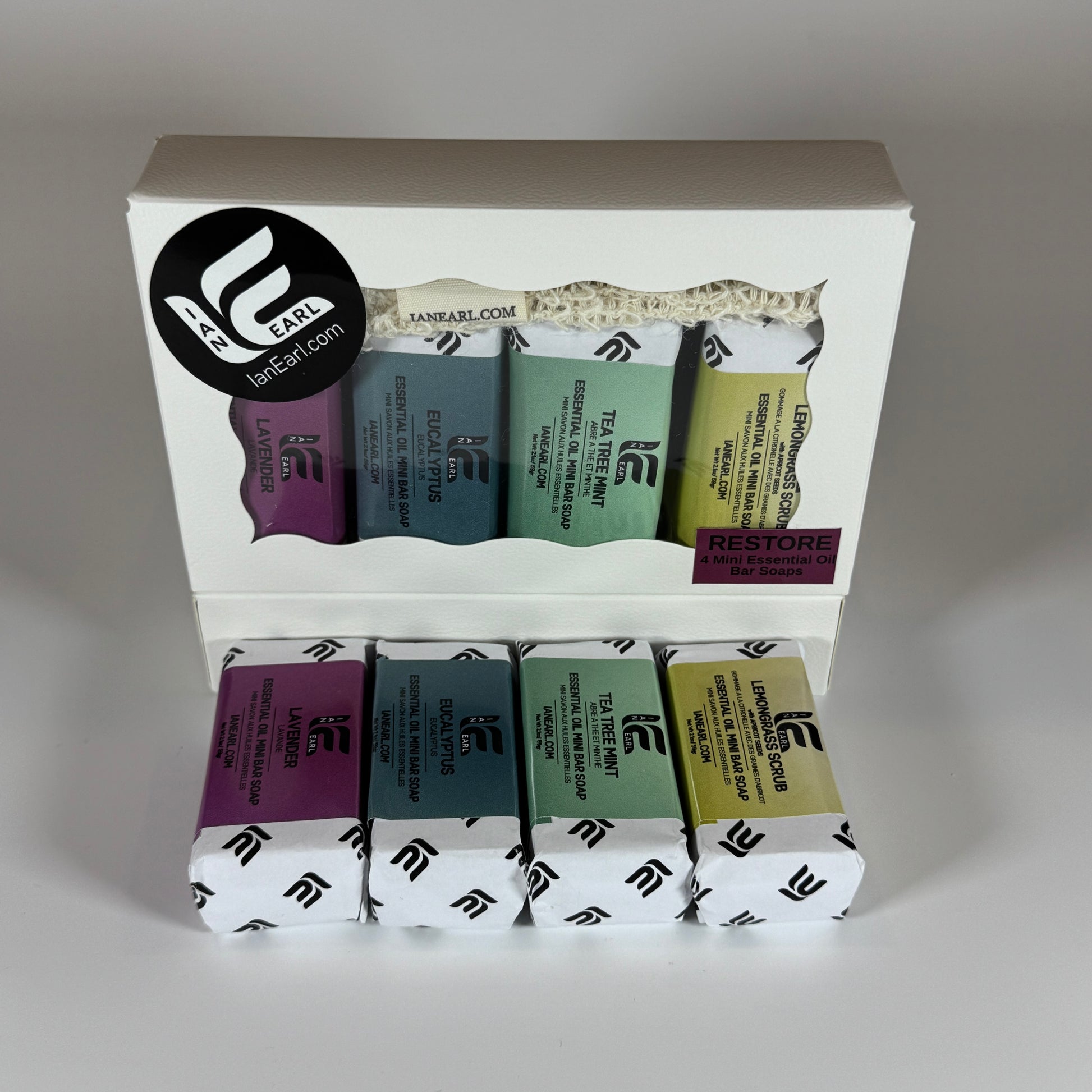 Gift Box - 4 Mini Bar Soaps - RESTORE Collection with Soap Saver Bag - Prismatic Ash Soap Co.